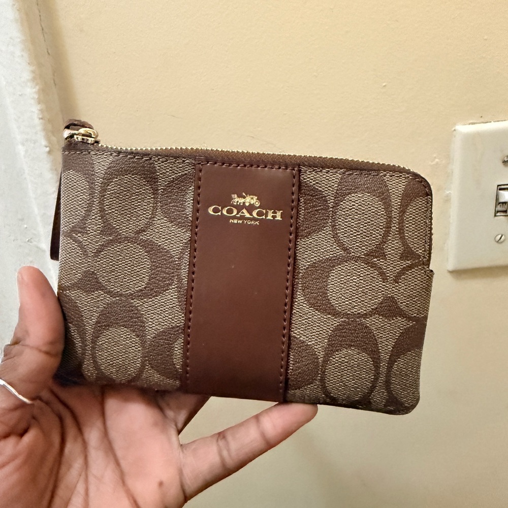 Coach Brown Signature Canvas Zip Pouch with Leather Panel